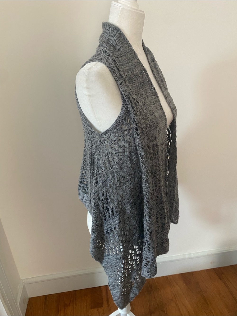 It’s Our Time Gray Crochet Open Knit Waterfall Cardigan Vest Boho Size S